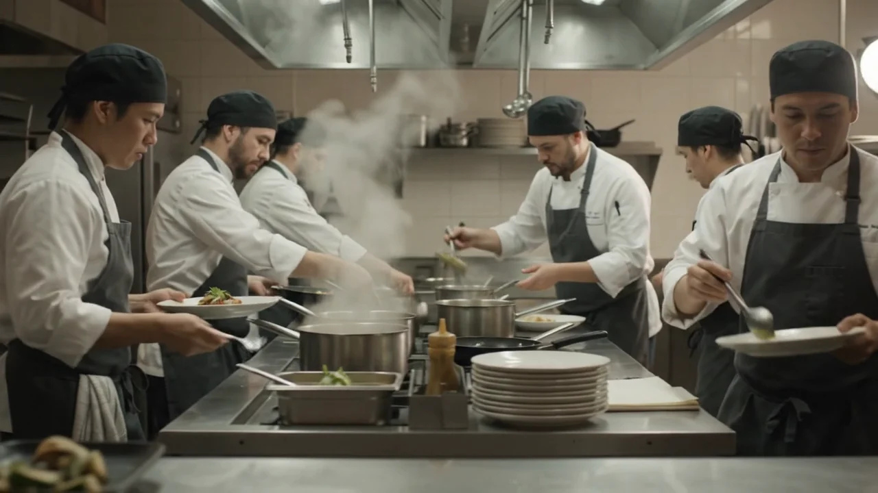 Rotina de preparação e finalização de pratos em uma cozinha, cena institucional